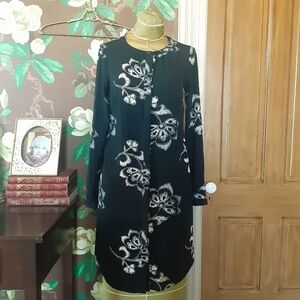 Merona XS Black Floral Tunic Shirt Dress Hidden Button Long Sleeve Pocket Casual